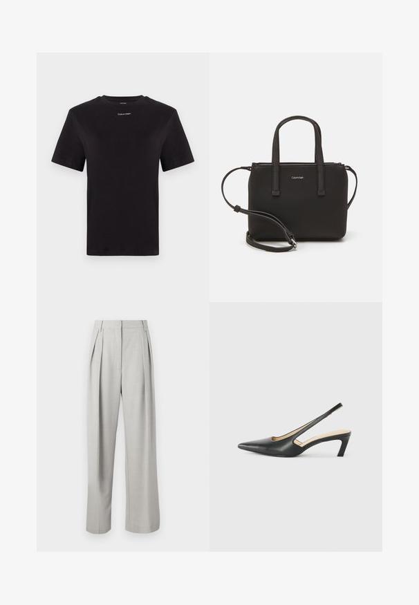 Juodas medvilninis marškinėliai trumpomis rankovėmis, apykaklė, su mažu baltu "Calvin Klein" logotipu krūtinėje. Lygus paviršius, klasikinis siluetas.; Šviesiai pilkos plisuotos kelnės su aukštu liemeniu, plačiomis kojomis, lygiu paviršiumi ir be matomų detalių ar raštų.; Juodas smailus slingback batelis su žemu kulnu, pagamintas iš lygaus odos paviršiaus ir su išpjovomis šone, užtikrinančiomis oro pralaidumą.; Juoda rankinė su dviem trumpais rankenėlėmis ir nuimamu petį. Lygaus odos tipo medžiaga su užtrauktuku ir logotipo detale.
