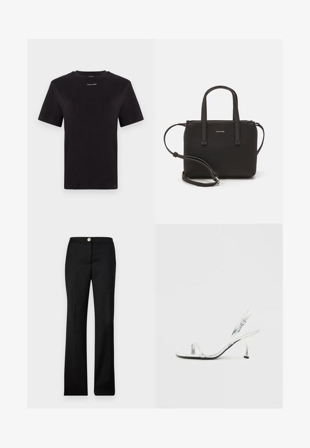 Crna pamučna majica s kratkim rukavima, okruglim izrezom i malim bijelim logom "Calvin Klein" na prsima. Glatka tekstura, klasičan kroj.; Crne krojene hlače s suptilnim geometrijskim uzorkom, ravnog kroja i prednjim zatvaranjem na gumb s metalnim naglaskom.; Srebrni patenti kožni sandali na visokom potpeticu s uskim remenom za prste, podesivom kopčom i vitkom potpeticom.; Crna torba s dva kratka ručka i uklonjivom naramenicom. Glatki materijal nalik koži s zatvaračem na zatvaranje i detaljem s logom.