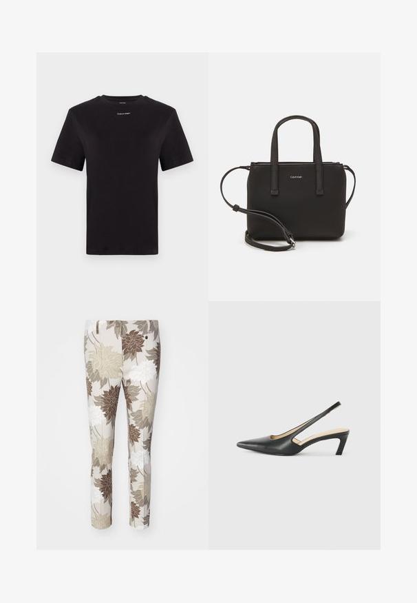 Schwarzes Baumwoll-T-Shirt mit kurzen Ärmeln, Rundhalsausschnitt und kleinem weißen "Calvin Klein"-Logo auf der Brust. Glatte Textur, klassischer Schnitt.; Hose mit floralen Mustern in Beige, Braun und Weiß. Sie verfügt über einen glatten Stoff mit geradem Bein und Knopfverschluss.; Schwarzer spitz zulaufender Slingback-Schuh mit niedrigem Absatz, der aus glattem Leder gefertigt ist und seitliche Ausschnitte für Atmungsaktivität aufweist.; Schwarze Handtasche mit zwei kurzen, doppelt geflochtenen Griffen und einem abnehmbaren Schulterriemen. Glattes, lederähnliches Material mit einem Reißverschluss und Logodetail.