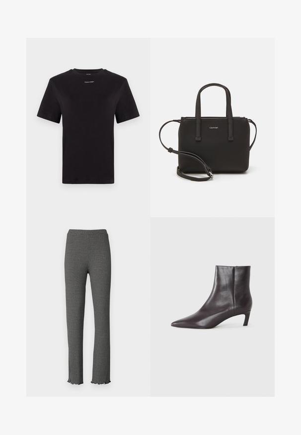 Crna pamučna majica s kratkim rukavima, okruglim izrezom i malim bijelim logom "Calvin Klein" na prsima. Glatka tekstura, klasičan kroj.; Sive rebraste pletene hlače s prilagođenim krojem, volanima na rubu i elastičnim pojasom. Imaju teksturirani uzorak kroz cijeli materijal.; Crna kožna gležnjača s šiljastim nosom i niskom kitten petom, glatke površine, sa bočnim zatvaračem, prikazana na neutralnoj pozadini.; Crna torba s dva kratka ručka i uklonjivom naramenicom. Glatki materijal nalik koži s zatvaračem na zatvaranje i detaljem s logom.