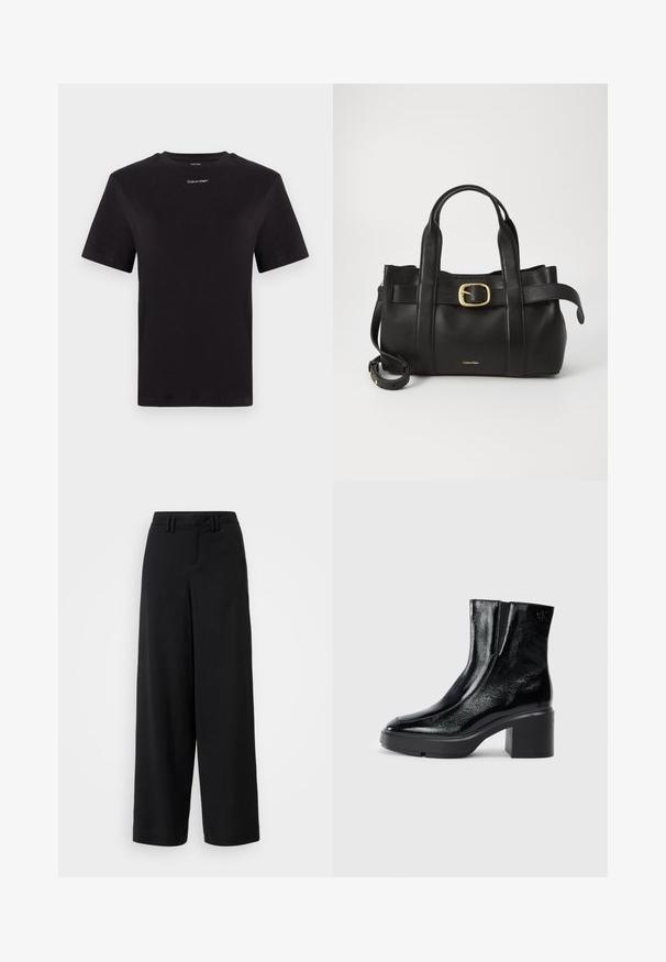 T-shirt noir en coton à manches courtes, col rond, avec un petit logo blanc "Calvin Klein" sur la poitrine. Texture lisse, coupe classique.; Pantalons large en noir en tissu lisse, avec une taille plate, des détails plissés et des passants de ceinture à la taille.; Bottines en cuir verni noir avec un bout arrondi, des panneaux latéraux en élastique et un talon épais. Comprend un logo embossé à l'arrière.; Sac à main en cuir noir présentant un design structuré, deux poignées supérieures, un accent de boucle en ton doré et un logo de la marque en relief à l'avant.