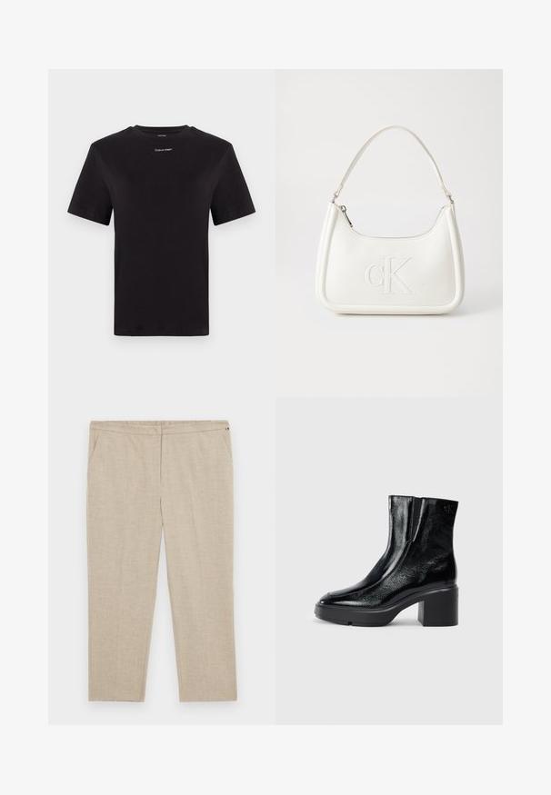 T-shirt noir en coton à manches courtes, col rond, avec un petit logo blanc "Calvin Klein" sur la poitrine. Texture lisse, coupe classique.; Tommy Hilfiger Curve Pantalon classique - classic beige; Bottines en cuir verni noir avec un bout arrondi, des panneaux latéraux en élastique et un talon épais. Comprend un logo embossé à l'arrière.; Sac à main en cuir blanc avec une forme courbée, arborant un logo "CK" embossé à l'avant et une seule bandoulière. Fermeture à glissière en haut.
