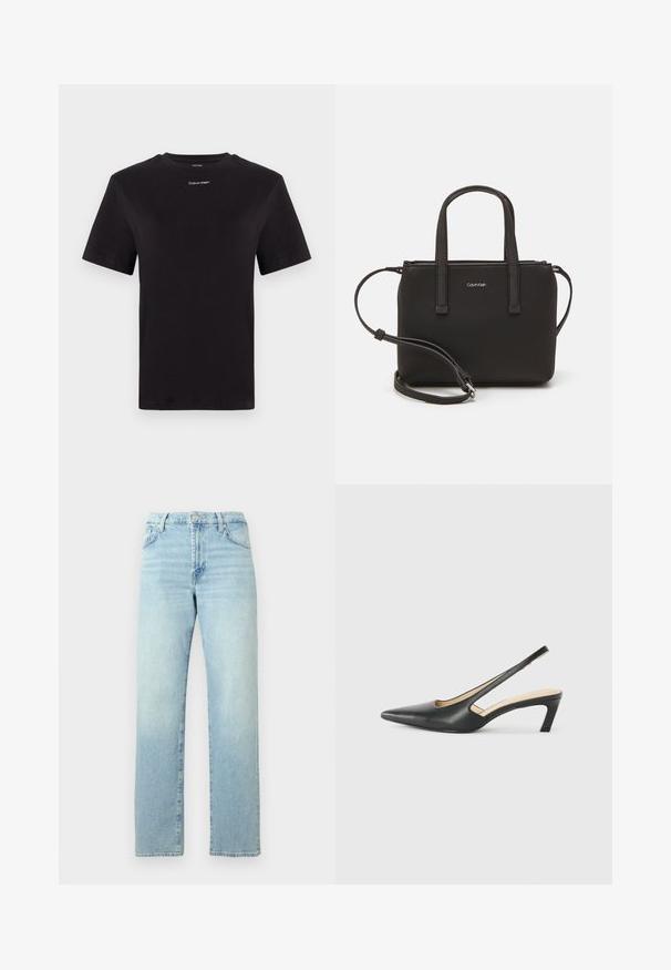 Czarny t-shirt bawełniany z krótkimi rękawami, okrągłym dekoltem i małym białym logo "Calvin Klein" na piersi. Gładka struktura, klasyczny krój.; Jasnoniebieskie dżinsy z prostymi nogawkami, wyposażone w zapięcie na guzik, szlufki na pasek oraz sprane detale na tkaninie.; Czarny but na obcasie typu slingback z ostro zakończonym noskiem, z niskim obcasem, wykonany z gładkiej skóry, z wycięciem po boku dla lepszej wentylacji.; Czarna torebka z dwoma krótkimi uchwytami i odpinanym paskiem na ramię. Gładki materiał przypominający skórę, z zamkiem błyskawicznym i detalem z logo.