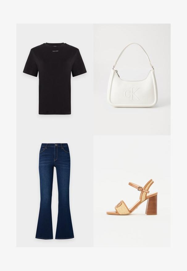 Tricou negru din bumbac, cu mâneci scurte, gât rotund și un mic logo alb "Calvin Klein" pe piept. Textură netedă, croială clasică.; Jeans evazați de un albastru închis din țesătură denim. Au talie înaltă, cinci buzunare, cusături portocalii și închidere cu buton metalic.; Sandale cu toc din piele maro și paie împletite, având curea la gleznă, vârf deschis și un toc gros, asemănător lemnului, cu dungi orizontale.; Geantă de umăr din piele albă cu formă curbată, având un logo "CK" embosat pe partea din față și un singur braț de umăr. Închidere cu fermoar în partea de sus.