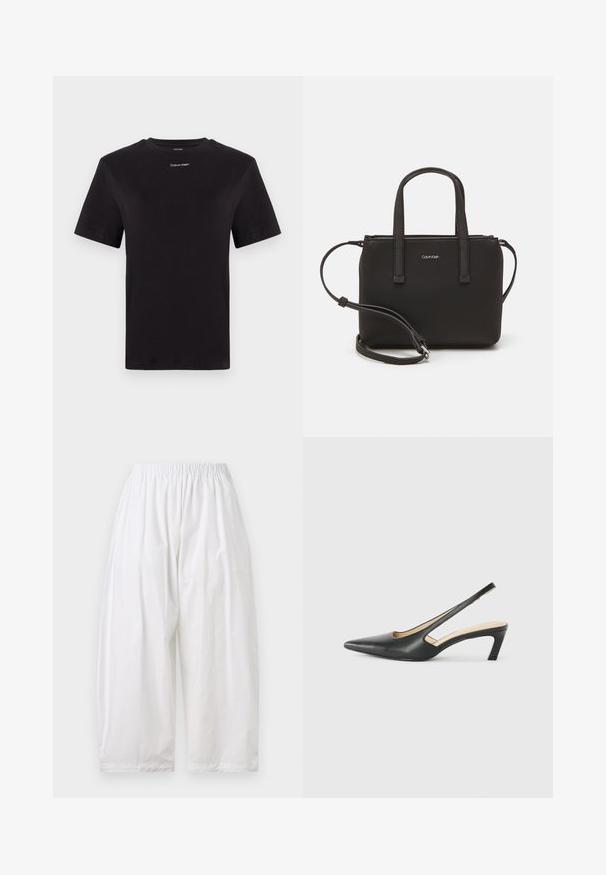 Juodas medvilninis marškinėliai trumpomis rankovėmis, apykaklė, su mažu baltu "Calvin Klein" logotipu krūtinėje. Lygus paviršius, klasikinis siluetas.; Balti, laisvi kelnių su elastine juosmens juosta. Pagaminti iš lengvos medžiagos su lygiu paviršiumi. Trumpesnio ilgio ir be matomų užsegimų.; Juodas smailus slingback batelis su žemu kulnu, pagamintas iš lygaus odos paviršiaus ir su išpjovomis šone, užtikrinančiomis oro pralaidumą.; Juoda rankinė su dviem trumpais rankenėlėmis ir nuimamu petį. Lygaus odos tipo medžiaga su užtrauktuku ir logotipo detale.