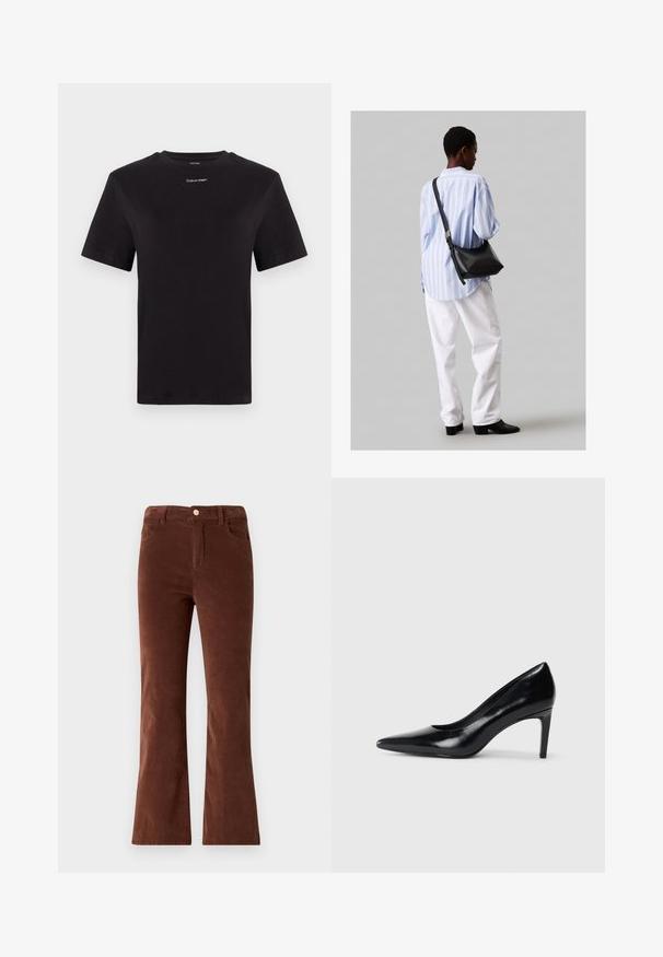 Juodas medvilninis marškinėliai trumpomis rankovėmis, apykaklė, su mažu baltu "Calvin Klein" logotipu krūtinėje. Lygus paviršius, klasikinis siluetas.; Rudi kaštonų spalvos platėjantis kelnes su vidutinio juosmens, su mygtuko uždarymu ir dviem priekiniuiais kišenėmis. Lygi tekstūra ir pastovi spalva.; Juodas odinis aukštakulnis batelis su smailiu pirštu, lygiu paviršiumi ir siauru kulnu. Minimalistinis dizainas, jokių papildomų puošmenų.; Juodas odinis petinis krepšys su minkšta tekstūra, trikampiu pavidalu ir reguliuojama juosta, derinamas su šviesiai mėlynu dryžuotu marškinėliu ir baltais džinsais.