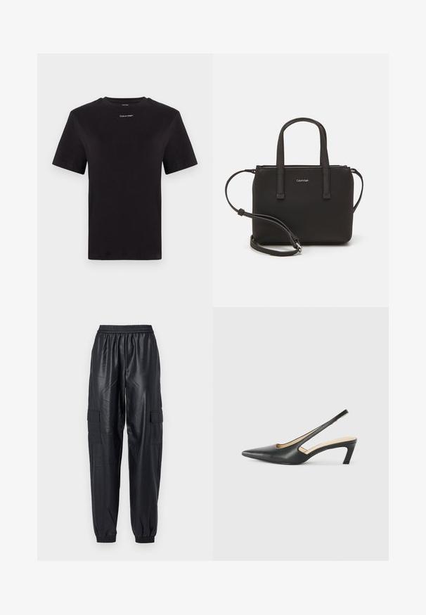 Čierne bavlnené tričko s krátkymi rukávmi, klasickým výstrihom a malým bielym logom "Calvin Klein" na hrudi. Hladká textúra, klasický strih.; Čierne cargo nohavice vyrobené z lesklého syntetického materiálu, s elastickým pásom, zúženými manžetami a dvoma bočnými cargo vreckami.; Čierne slingback topánky s ostrou špičkou a nízkym opätkom, vyrobené z hladkej kože a s výrezmi na boku pre lepšiu priedušnosť.; Čierna kabelka s dvojitými krátkymi rúčkami a odnímateľným ramenným popruhom. Hladký materiál podobný koži s uzatváraním na zips a detailom loga.