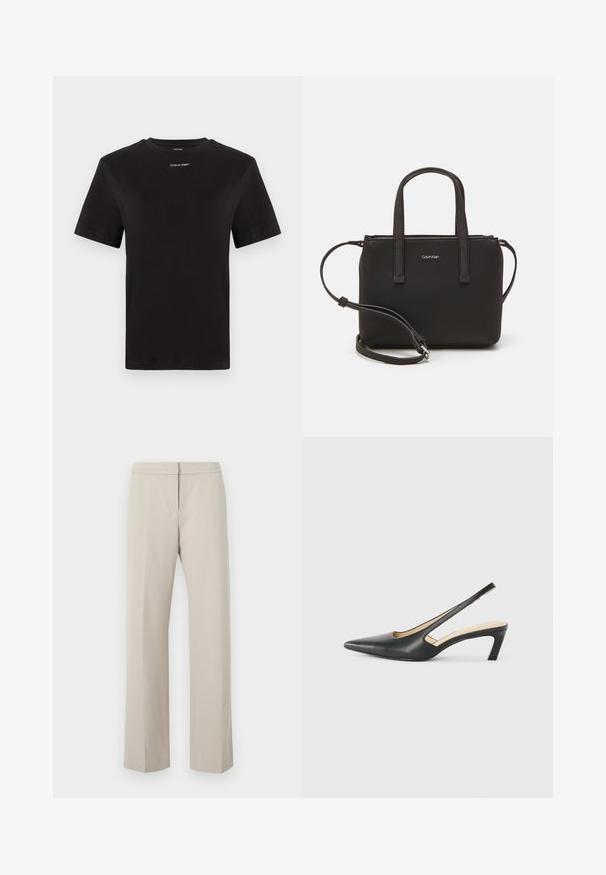 Černé bavlněné tričko s krátkými rukávy, kulatým výstřihem a malým bílým logem "Calvin Klein" na hrudi. Hladká textura, klasický střih.; Beige rovné kalhoty s plochým předním dílem a bez viditelného kování či vzorů. Vyrobeny z hladkého materiálu, s čistým a elegantním designem.; Černý špičatý slingback s nízkým podpatkem, vyrobený z hladké kůže, s výřezem na boku pro lepší prodyšnost.; Černá kabelka s dvojitými krátkými uchy a odnímatelným ramenním popruhem. Hladký koženkový materiál s uzávěrem na zip a detailem loga.