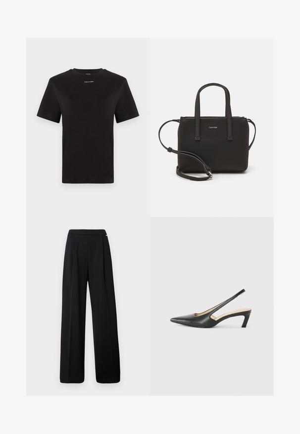 Juodas medvilninis marškinėliai trumpomis rankovėmis, apykaklė, su mažu baltu "Calvin Klein" logotipu krūtinėje. Lygus paviršius, klasikinis siluetas.; Juodi platūs kelnės, pagamintos iš lygaus audinio, su paprastu dizainu ir elastinga liemene, be matomų raštų ar akcentų.; Juodas smailus slingback batelis su žemu kulnu, pagamintas iš lygaus odos paviršiaus ir su išpjovomis šone, užtikrinančiomis oro pralaidumą.; Juoda rankinė su dviem trumpais rankenėlėmis ir nuimamu petį. Lygaus odos tipo medžiaga su užtrauktuku ir logotipo detale.