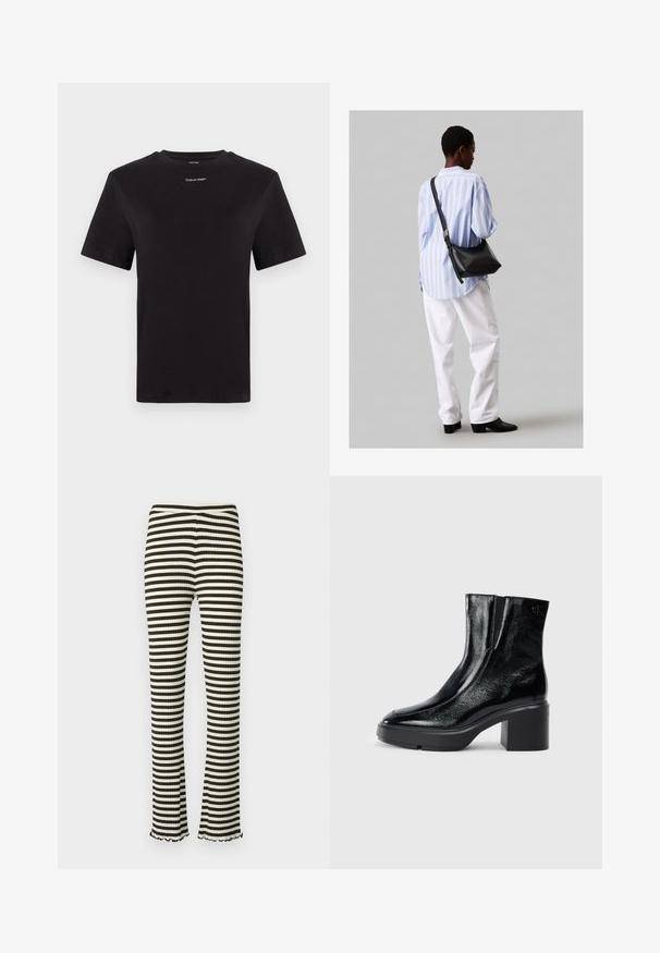 Tricou negru din bumbac, cu mâneci scurte, gât rotund și un mic logo alb "Calvin Klein" pe piept. Textură netedă, croială clasică.; Mads Nørgaard STRIPE LONNIE PANTS - Pantaloni - rosin/vanilla ice; Bocanci de gleznă din piele lacuită neagră, cu vârf curbat, panouri elastice pe laterale și toc bloc masiv. Prezintă un logo embosat pe spate.; Geantă de umăr din piele neagră cu o textură moale, formă triunghiulară și curea ajustabilă, asortată cu o bluză cu dungi albastre deschise și pantaloni albi.