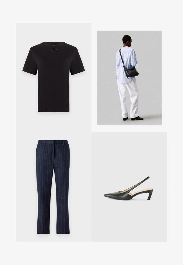 Tricou negru din bumbac, cu mâneci scurte, gât rotund și un mic logo alb "Calvin Klein" pe piept. Textură netedă, croială clasică.; Pantaloni cu dungi navy, confecționați dintr-un material texturat, având un croi drept, buzunare la talie și un design cu fața plată.; Pantof cu toc mic, cu vârf ascuțit și slingback, realizat din piele netedă, având un design decupat pe lateral pentru respirabilitate.; Geantă de umăr din piele neagră cu o textură moale, formă triunghiulară și curea ajustabilă, asortată cu o bluză cu dungi albastre deschise și pantaloni albi.