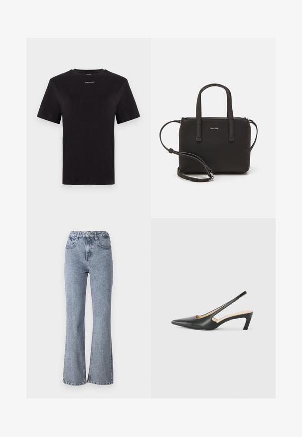 Musta puuvillapaita lyhyillä hihoilla, pyöreä pääntie ja pieni valkoinen "Calvin Klein" -logo rinnassa. Silkkinen pinta, klassinen istuvuus.; Vaaleansiniset leveälahkeiset farkut, jotka on valmistettu denimistä. Farkuissa on korkea vyötärö, etutaskut ja klassinen viiden taskun malli, jossa on hieno haalistuminen.; Musta, kärjeltään terävä slingback-kengä, jossa on matala korko. Kengässä on sileä nahkamateriaali ja sivuilla leikkaukset hengittävyyttä varten.; Musta käsilaukku, jossa on kaksinkertaiset lyhyet kahvat ja irrotettava olkahihna. Silkkinen nahkatunneinen materiaali, jossa on vetoketjukiinnitys ja logoyksityiskohta.