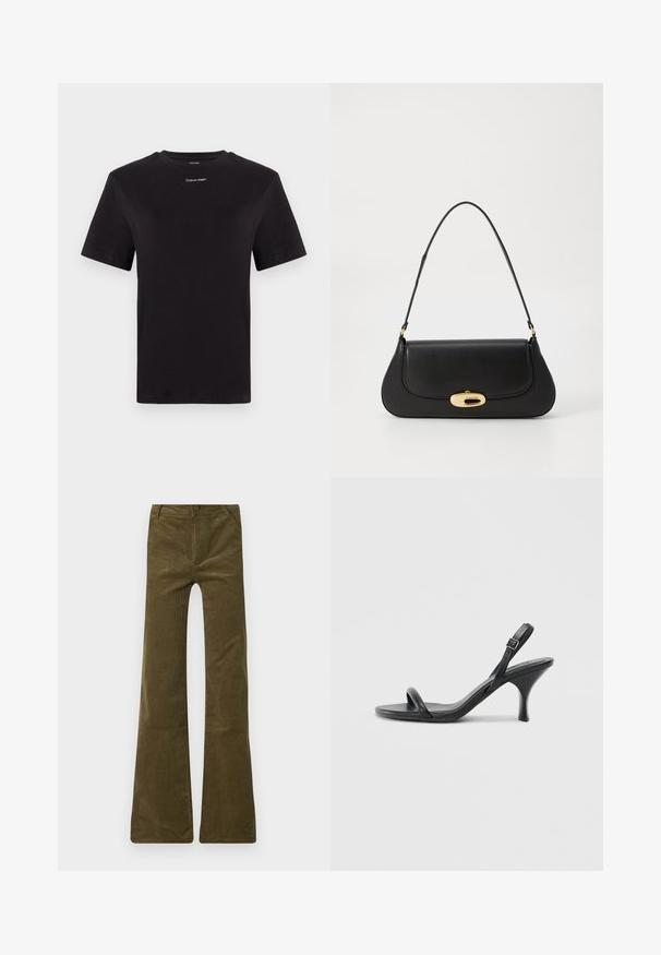 Black cotton t-shirt with short sleeves, crew neck, and small white "Calvin Klein" logo at the chest. Smooth texture, classic fit.; Olive green corduroy flared pants with a button closure and zip fly. Features front pockets and a soft, textured surface.; Black leather high-heeled sandals with a slim, curved heel and a crossed strap design. Adjustable ankle strap. Smooth texture.; Black leather handbag with a curved design, gold-tone hardware, and a top handle. Features a sleek closure and smooth texture.
