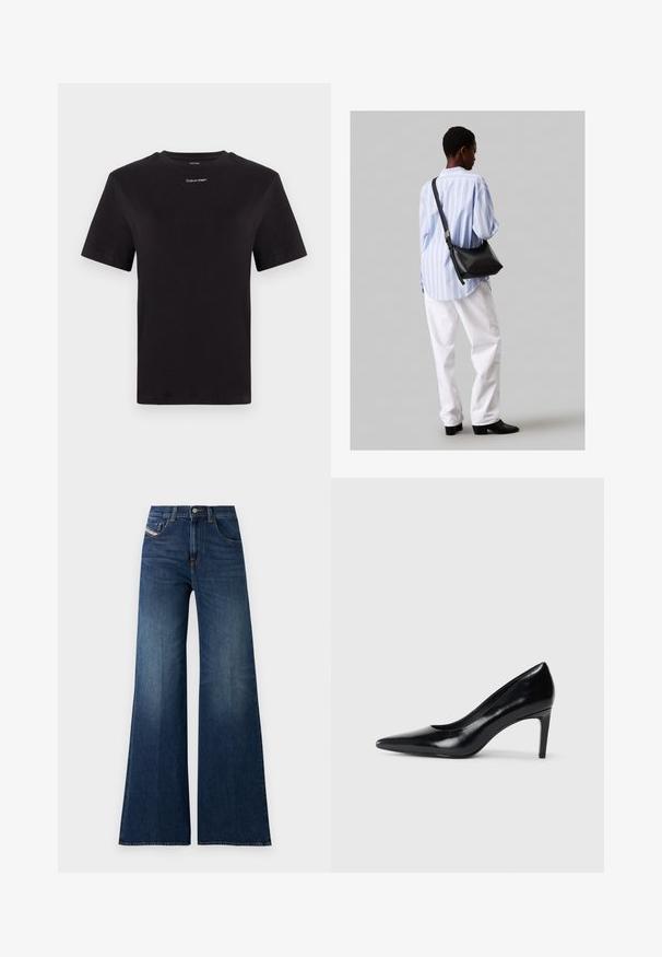 Svart bomull T-skjorte med korte ermer, rund hals og liten hvit "Calvin Klein" logo på brystet. Glatt tekstur, klassisk passform.; Høytlivete mørkeblå vide jeans med front- og myntlommer, knappelukking og subtile slitasjedetaljer på lårene.; Sorte skinnhøye hæler med spiss tå, glatt tekstur og avsmalnet hæl. Minimalistisk design, ingen ekstra dekorasjoner.; Svart lær skulderveske med en myk tekstur, trekantet form og justerbar stropp, kombinert med en lyseblå stripete skjorte og hvite bukser.