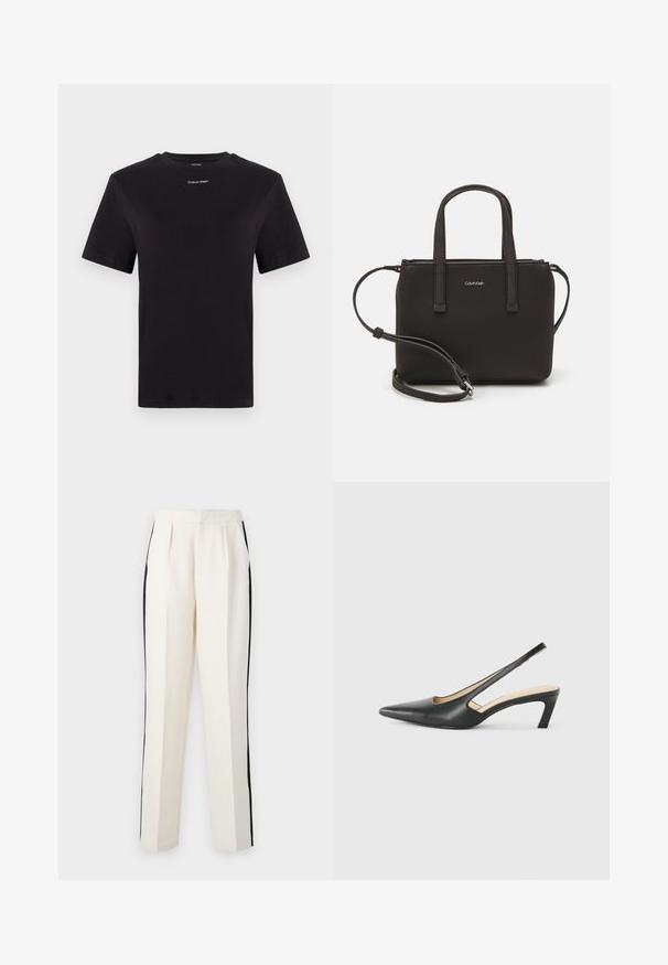 Crna pamučna majica s kratkim rukavima, okruglim izrezom i malim bijelim logom "Calvin Klein" na prsima. Glatka tekstura, klasičan kroj.; Hlače boje kreme s crnim bočnim prugama, ravnog kroja i nabranim prednjim dijelom, izrađene od teksturirane tkanine.; Crne cipele s izduženim vrhom i remenom oko pete, s niskom petom, izrađene od glatke kože i s izrezbarenom stranom radi prozračnosti.; Crna torba s dva kratka ručka i uklonjivom naramenicom. Glatki materijal nalik koži s zatvaračem na zatvaranje i detaljem s logom.