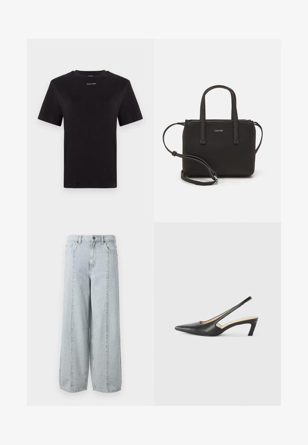 Melna kokvilnas T-kreklu ar īsām piedurknēm, apaļu kakla izgriezumu un nelielu baltu "Calvin Klein" logotipu krūtīs. Gluda tekstūra, klasiskā piegriezuma.; Gai zili platās kājas džinsi, izgatavoti no denima ar vertikālu svītru rakstu, ar priekšējām kabatām un pogu aizdari jostasvietā.; Melna, ar smailu purngalu, slingback kurpe ar zemu papēdi, izgatavota no gludas ādas materiāla un ar izgriezumiem sānos gaisa caurlaidībai.; Melns roku soma ar divām īsām rokturiem un noņemamu plecu siksnu. Gluda ādas līdzīga materiāla ar rāvējslēdzēja aizdari un logos detaļu.