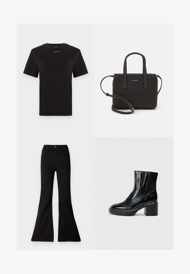 Camiseta de algodón negra con mangas cortas, cuello redondo y pequeño logo blanco de "Calvin Klein" en el pecho. Textura suave, corte clásico.; Vaqueros negros acampanados de mezclilla, con una cintura alta, bolsillos frontales y una gran abertura en los dobladillos para un silueta de pierna ancha.; Botas de tobillo de charol negro con puntera curva, paneles laterales elásticos y un tacón ancho. Presentan un logo embosado en la parte posterior.; Bolso de mano negro con dos asas cortas y una correa de hombro removible. Material suave tipo cuero con cierre de cremallera y detalle del logo.