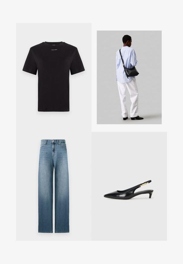 Musta puuvillapaita lyhyillä hihoilla, pyöreä pääntie ja pieni valkoinen "Calvin Klein" -logo rinnassa. Silkkinen pinta, klassinen istuvuus.; Vaaleansiniset leveälahkeiset farkut, jotka on valmistettu denimistä. Niissä on korkea vyötärö, viisi taskua ja hillitty haalistuminen säärissä.; Mustat nahkaiset slingback-korkokengät, joissa on terävä kärki, ohuet korot ja kultasävytteinen yksityiskohta säädettävässä hihnassa. Silkkinen pinta.; Musta nahkainen olkalaukku, jossa on pehmeä rakenne, kolmion muoto ja säädettävä hihna, yhdistettynä vaaleansiniseen raidalliseen paitaan ja valkoisiin housuihin.