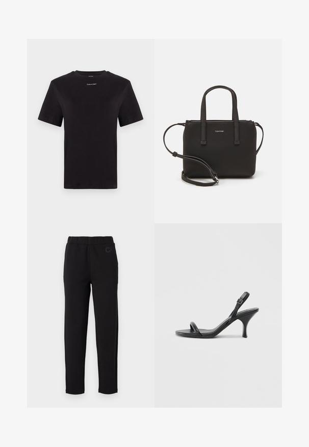 T-shirt in cotone nero con maniche corte, colletto a girocollo e piccolo logo bianco "Calvin Klein" sul petto. Texture liscia, vestibilità classica.; Pantaloni sportivi neri con cintura elastica, realizzati in tessuto morbido. Presentano un sottile logo "CK" sulla parte anteriore. Design a gamba dritta.; Sandali con tacco alto in pelle nera, con tacco sottile e curvo e design a fascia incrociata. Cinghia alla caviglia regolabile. Texture liscia.; Borsa nera con doppi manici corti e tracolla removibile. Materiale simile alla pelle liscia con chiusura a zip e dettaglio del logo.