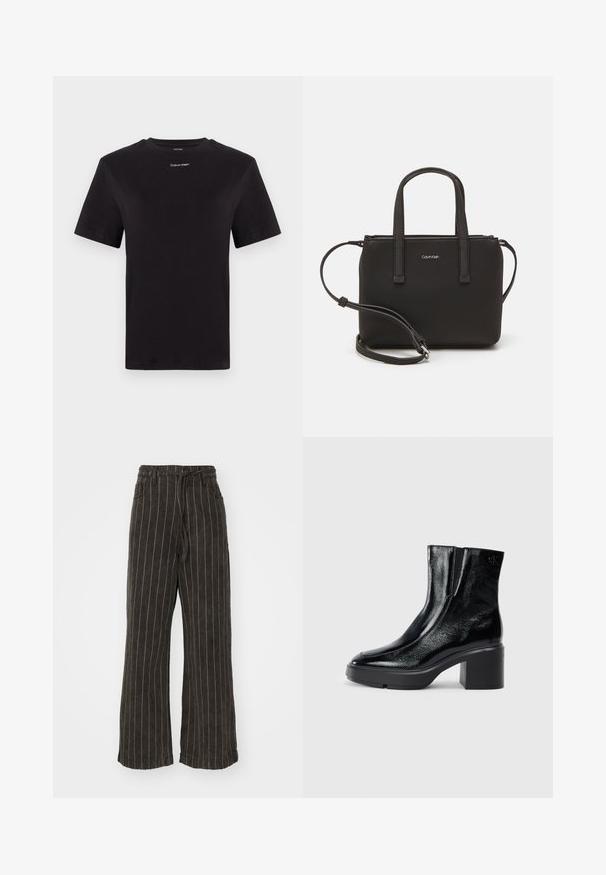 Musta puuvillapaita lyhyillä hihoilla, pyöreä pääntie ja pieni valkoinen "Calvin Klein" -logo rinnassa. Silkkinen pinta, klassinen istuvuus.; Korkeavyötäröiset, tummanharmaasta kankaasta valmistetut leveälahkeiset housut, joissa on valkoiset pystysuorat raidat. Varustettu kiristysnauhalla ja sivutaskuilla.; Musta patentoitu nahkasaappaat nilkkoihin, joissa on kaareva kärki, joustavat sivupaneelit ja paksu lohkoilut. Takana on kohokuvioitu logo.; Musta käsilaukku, jossa on kaksinkertaiset lyhyet kahvat ja irrotettava olkahihna. Silkkinen nahkatunneinen materiaali, jossa on vetoketjukiinnitys ja logoyksityiskohta.