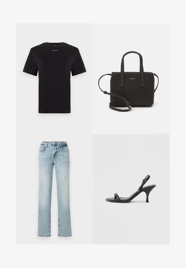 Must musta t-särk lühikeste käistega, ümberringi kaelusega ja väikese valge "Calvin Klein" logo'ga rinnal. Sile tekstuur, klassikaline lõige.; Heledad sinised denim pükste sirge säärega disain, viie taskuga, nupuga ja tõmblukuga, ning kergelt kulunud ilmega.; Mustad nahast kõrgete kontsadega sandaalid, millel on saledad, kõverad kontsad ja ristatud rihma disain. Reguleeritav pahkluu rihm. Sile tekstuur.; Musthave mustrans vöö ja eemaldatav õlarihm. Gludike nahk siledaga, millel on tõmblukk ja logo detail.