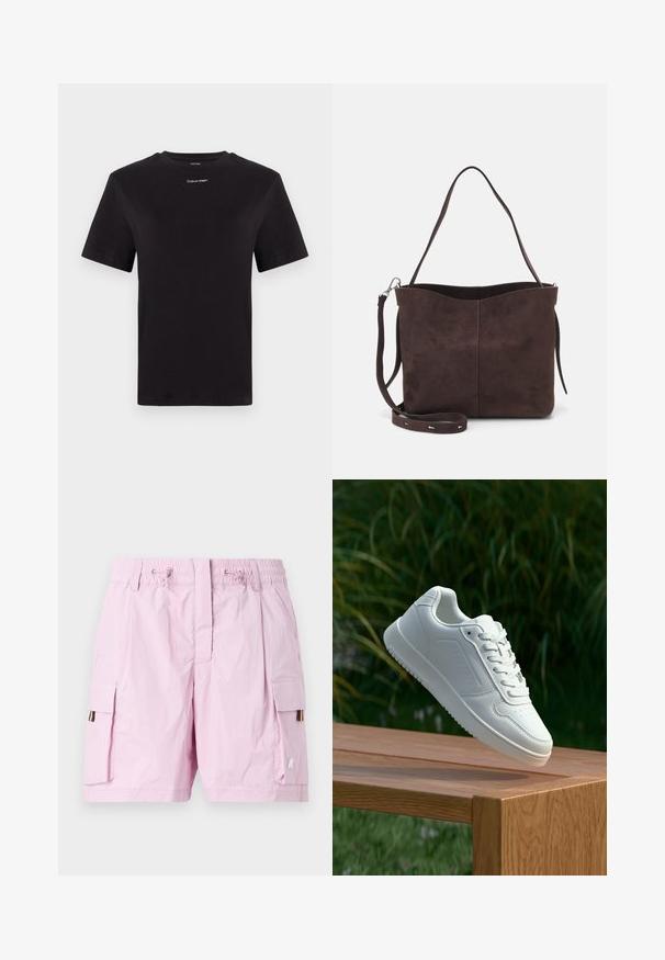 Černé bavlněné tričko s krátkými rukávy, kulatým výstřihem a malým bílým logem "Calvin Klein" na hrudi. Hladká textura, klasický střih.; Svetle růžové cargo šortky s elastickým pasem, obsahující dvě postranní kapsy a multicolorní štítek na levé straně. Hladká textura.; Bílé tenisky s hladkým syntetickým svrškem, perforovanou špičkou, plochými tkaničkami a texturovanou podrážkou, vystavené na dřevěném povrchu.; Hnědá semišová taška přes rameno s jemnou texturou, vybavená jedním popruhem na rameno a decentním zakřiveným horním otvorem. Žádné viditelné detaily z hardware.