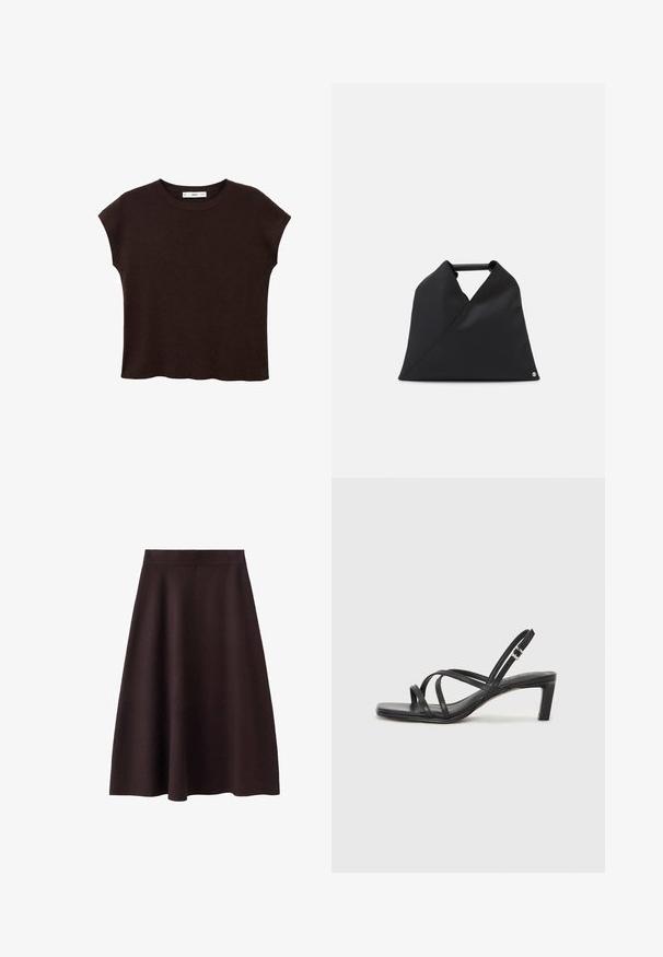Brown short-sleeve top with a round neck, made of textured fabric. Features a relaxed fit and a slightly scalloped hem. Clean, minimalist design.; Dark brown, knee-length A-line skirt with a smooth texture and a fitted waistband. No visible patterns or accents. Simple design.; Black strappy sandal with a square toe and a low block heel. Features multiple thin straps and an adjustable ankle strap. Made of smooth leather.; Black leather bag featuring an asymmetrical design with a textured surface. It has a simple handle and a subtle logo accent.