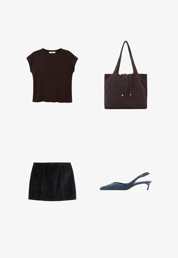 Brun kortærmet bluse med rund hals, lavet af tekstureret stof. Har et afslappet fit og en let bølget kant. Rent, minimalistisk design.; Mørk denim mini-nederdel med kontrastgule stikninger, tætsiddende silhuet og lynlås. Klassisk fem-lomme design.; Denim slingback-hæle med spids tå og en lav, slank hæl. Har et struktureret stof i mørkeblå og et elegant, strømlinet design.; Mango Shopping bags - dark brown