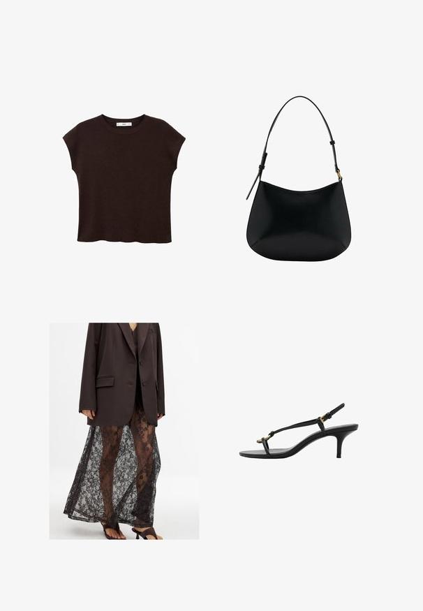 Brun kortærmet bluse med rund hals, lavet af tekstureret stof. Har et afslappet fit og en let bølget kant. Rent, minimalistisk design.; Overdimensineret brun blazer over en gennemsigtig sort blonde nederdel med blomstermønstre, parret med sorte hæle sandaler.; Sort læder kitten hæl sandal med tynde stropper, guldspænde og minimalistisk tå løkke på en hvid baggrund.; Sort læder skuldertaske med en glat tekstur, buet form og justerbar hank. Har minimal syning og et enkelt design.