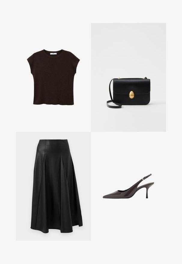 Top scurt, maro, cu mânecă scurtă și guler rotund, realizat dintr-un material texturat. Prezintă o croială lejeră și un tiv ușor ondulat. Design curat și minimalist.; Fustă din piele neagră cu pliseuri, textură netedă, design de lungime medie și talie ajustată. Stil minimalist, fără hardware vizibil.; Tocuri cu vârf ascuțit, din piele patent de culoare maro închis, având un toc înalt subțire și o curea ajustabilă pentru gleznă cu cataramă.; Geantă de mână din piele neagră, cu o formă rectangulară structurată. Are un capac oval auriu și o curea subțire pentru umăr. Textură netedă.