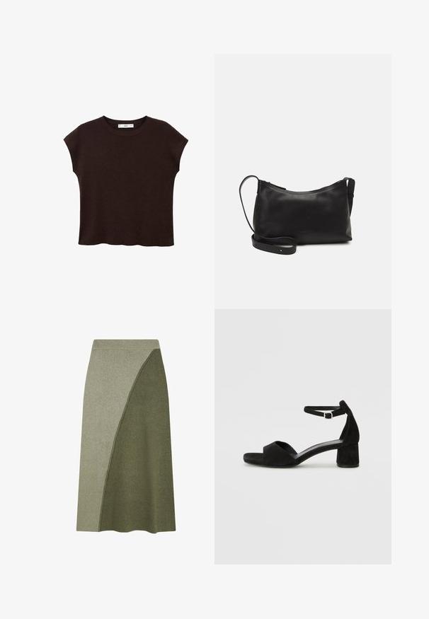 Brązowy krótki rękaw top z okrągłym dekoltem, wykonany z teksturowanej tkaniny. Posiada luźny krój i lekko falbaniasty dół. Czysty, minimalistyczny design.; Oliwkowa spódnica o średniej długości w kroju A-linii, z teksturowanej tkaniny z diagonalnym wzorem w jaśniejszym odcieniu.; Czarne zamszowe sandały na obcasie z cienkim paskiem wokół kostki, otwartym noskiem i skromnym słupkowym obcasem. Gładka faktura i minimalne akcenty.; Czarna skórzana torba na ramię o gładkiej fakturze, zakrzywionym kształcie, regulowanym pasku i zapięciu na zamek. Minimalistyczny design bez zdobień.