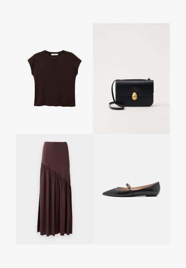 Brun kortærmet bluse med rund hals, lavet af tekstureret stof. Har et afslappet fit og en let bølget kant. Rent, minimalistisk design.; Brun maxi nederdel lavet af blødt stof. Har en tætsiddende talje og et asymmetrisk design med rynkede detaljer på den ene side.; Sorte læder balletflade med spids tå og en side rem med et rundt guldaccent. Letvægts med en flad sål.; Sort læderhandbag med en struktureret rektangulær form. Har et gyldent ovalt lås og en tynd skulderrem. Glat tekstur.