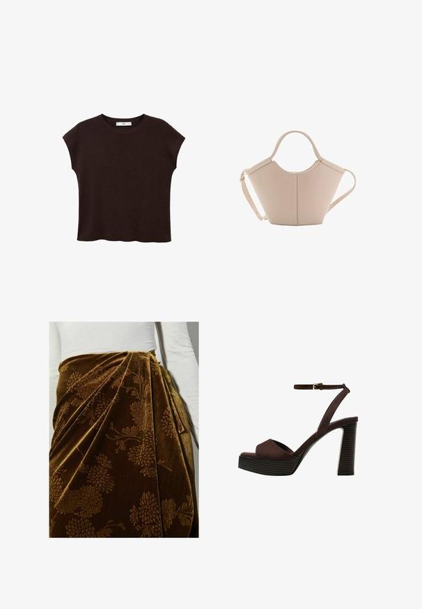 Brun kortärmad topp med rund hals, tillverkad av strukturerad tyg. Har en avslappnad passform och en lätt scalloperad fåll. Ren, minimalistisk design.; Brun sammetkjol med blommönster, med veck och en draperad design. Den texturerade ytan framhäver den detaljerade utsmyckningen.; Bruna mocka högklackade sandaler med öppen tå, justerbar vristrem och en randig plattformssula.; Beige läderhandväska med en unik form, med två korta handtag och ett långt justerbart axelband. Slät textur med minimal hårdvara.