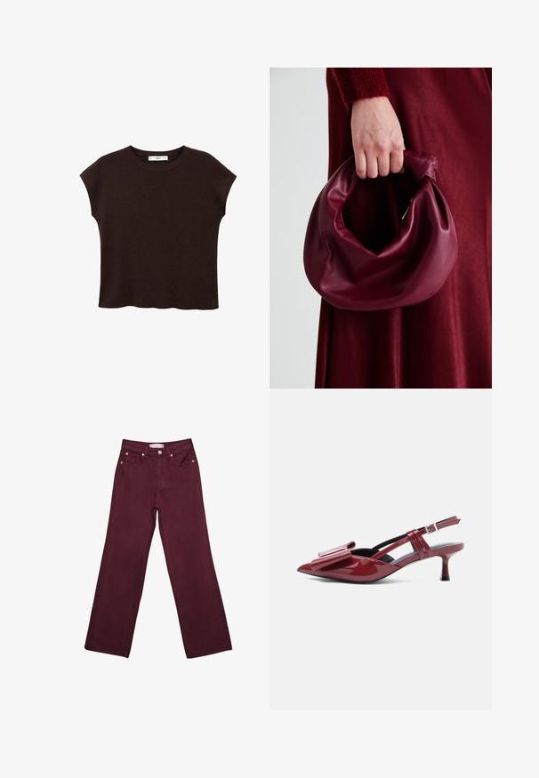 Brązowy krótki rękaw top z okrągłym dekoltem, wykonany z teksturowanej tkaniny. Posiada luźny krój i lekko falbaniasty dół. Czysty, minimalistyczny design.; Bordowe jeansy z wysokim stanem i prostymi nogawkami, z przednimi kieszeniami, zapięciem na guzik oraz mosiężnymi akcentami.; Czerwone lakierowane skórzane sandały na niskim obcasie z szpiczastym noskiem i dużą kokardą na cholewce na białym tle.; Bordowa skórzana torebka o miękkim, marszczonym wyglądzie i zaokrąglonym kształcie. Uchwyt jest zabezpieczony, co podkreśla gładką fakturę.