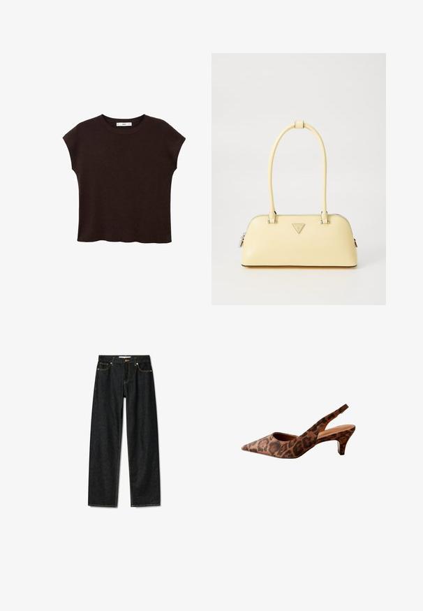 Brown short-sleeve top with a round neck, made of textured fabric. Features a relaxed fit and a slightly scalloped hem. Clean, minimalist design.; Dark denim jeans with a straight-cut design, brass button closure, and contrasting yellow stitching. Features five pockets and a classic fit.; Leopard print slingback heels with a pointed toe, low heel, and smooth texture. Features a cut-out design at the sides and back.; Yellow patent leather handbag with a rounded shape, single top handle, and a silver logo plate. Features a zip closure and smooth texture.