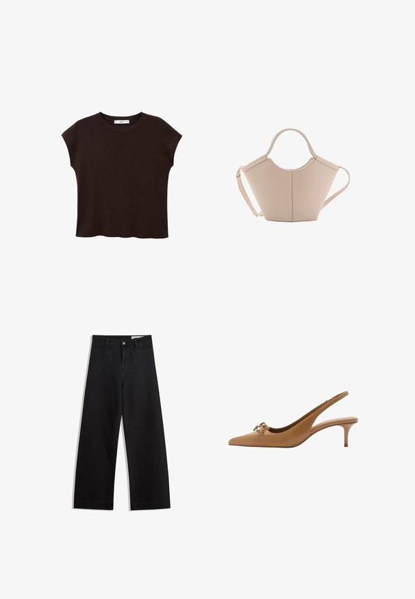 Braunes kurzärmliges Oberteil mit rundem Ausschnitt, aus strukturiertem Stoff gefertigt. Verfügt über eine lockere Passform und einen leicht gewellten Saum. Sauberes, minimalistisches Design.; Schwarze weit geschnittene Jeans mit hoher Taille, ausgestattet mit Vorder- und Hintertaschen, gesteppten Nähten und einem Knopfverschluss. Glatte Textur.; Helle Leder Slingback-Absätze mit spitzem Zeh, kleinem Absatz und dekorativem Schleifchen-Detail an der Vorderseite. Glatte Textur und klassisches Design.; Beige Lederhandtasche mit einer einzigartigen Form, die zwei kurze Henkel und einen langen verstellbaren Riemen aufweist. Glatte Textur mit minimalen Hardware-Elementen.