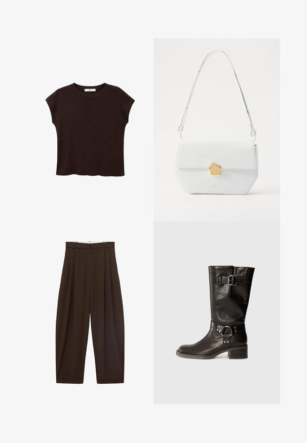 Braunes kurzärmliges Oberteil mit rundem Ausschnitt, aus strukturiertem Stoff gefertigt. Verfügt über eine lockere Passform und einen leicht gewellten Saum. Sauberes, minimalistisches Design.; Braune, hoch taillierte Hose mit Falten, aus glattem Stoff. Lässige Passform, gerade Beinform, mit Gürtelschlaufen und Reißverschluss.; Braune Lederstiefel bis zum Knie mit abgerundetem Zehenbereich, seitlichem Schnallen-Detail und Blockabsatz. Glatte Oberfläche mit metallischen Akzenten am Riemen.; Weiße Leder-Umhängetasche mit einem geometrischen goldenen Verschluss, flaches Design und einem langen Riemen. Verfügt über klare Linien und eine polierte Textur.