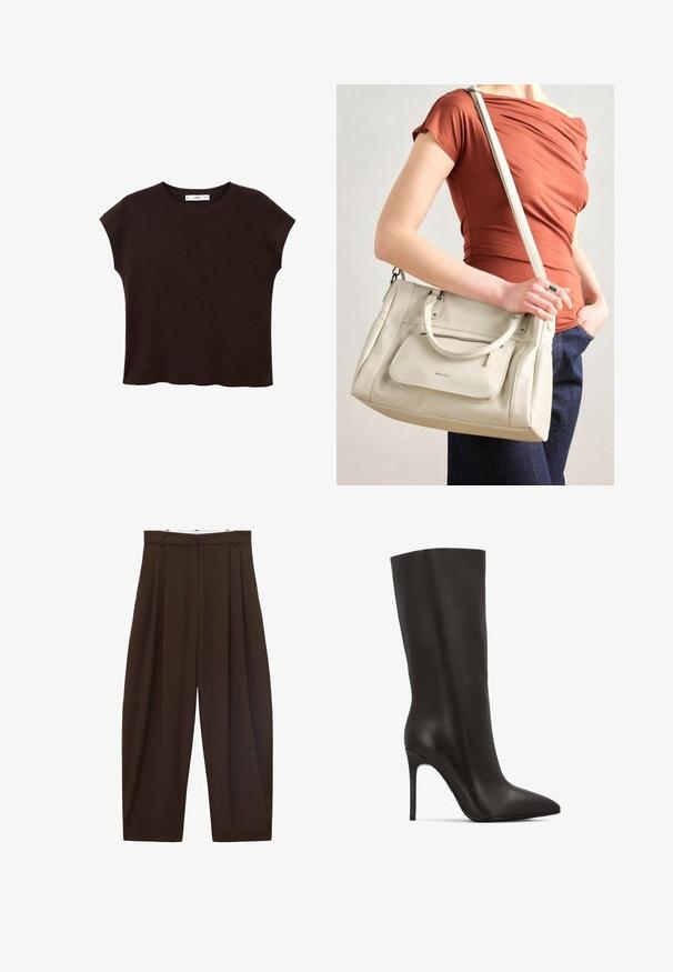 Rjava kratka majica s kratkimi rokavi in okroglim ovratnikom, izdelana iz teksturiranega materiala. Ima sproščen kroj in rahlo valovit rob. Čist, minimalističen dizajn.; Rjave hlače visoke pasu s pregibi, narejene iz gladkega materiala. Ohlapen kroj, ravne nogavice, z zankami za pas in zadrgo.; Črne usnjene škornje do kolen s koničastim prstom in peto na špici. Imajo gladko teksturo in minimalističen dizajn.; Bela usnjena torba z dvema ročkama in odstranljivo naramnico, ki ima sprednji žep na zadrgo in gladko teksturo. Nositi jo na osebi na roki.