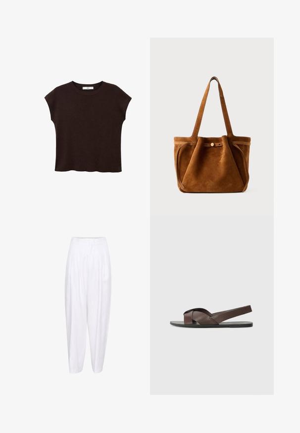 Rjava kratka majica s kratkimi rokavi in okroglim ovratnikom, izdelana iz teksturiranega materiala. Ima sproščen kroj in rahlo valovit rob. Čist, minimalističen dizajn.; Bela lanena hlače z visokim pasom, z nagubami spredaj in sproščenim silhuetom, ki se zožijo do gležnja. Gladka tekstura, brez vzorcev.; Rjave usnjene sandale s križno-zasnovo, ravnim črnim podplatom in nastavljivim zadnjim trakom. Gladka tekstura in minimalni detajli strojne opreme.; Rjava nubuk torba za ramena z dvema ročajema, z loputo na gumb in sproščenim, rahlo ohlapnim oblikovanjem.