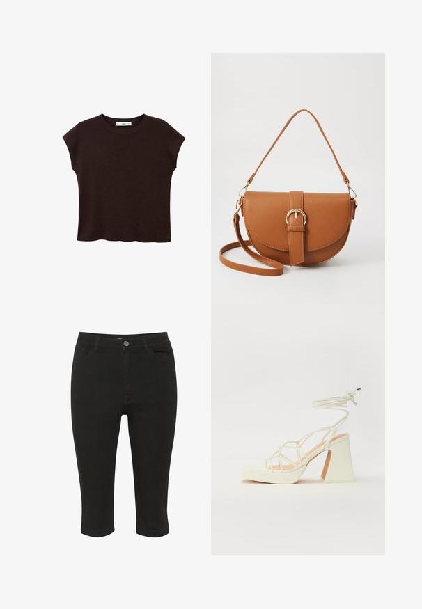 Brun kortärmad topp med rund hals, tillverkad av strukturerad tyg. Har en avslappnad passform och en lätt scalloperad fåll. Ren, minimalistisk design.; Svarta denim capri-byxor med en figurnära design, framfickor och en enda knäppning, med en slät textur och ankellängd.; Vit högklackad sandal med en kraftig klack, med ett remdesign och ankelband. Slät textur med en plattform framtill för ökad höjd.; Brun läder crossbody-väska med en böjd form, gyllene detaljer och en spänneaccent. Har en avtagbar axelrem.