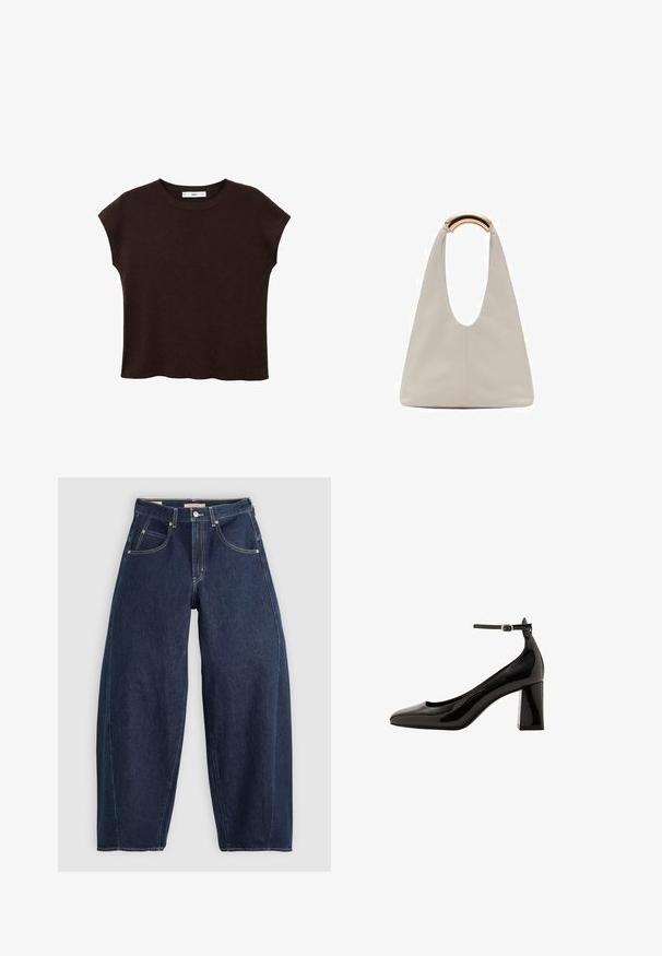Brązowy krótki rękaw top z okrągłym dekoltem, wykonany z teksturowanej tkaniny. Posiada luźny krój i lekko falbaniasty dół. Czysty, minimalistyczny design.; Granatowe dżinsy o luźnym kroju, z jasnym przeszyciem, pięcioma kieszeniami i zapięciem na guziki w pasie.; Czarne, lakierowane szpilki z zapięciem na kostce o błyszczącym wykończeniu, z wydłużonym noskiem i grubym obcasem. Gładka struktura, minimalne detale.; Jasnoszara skórzana torba o kształcie litery U z zakrzywionym metalowym uchwytem. Gładka tekstura z minimalnymi szwami i bez widocznych wzorów.