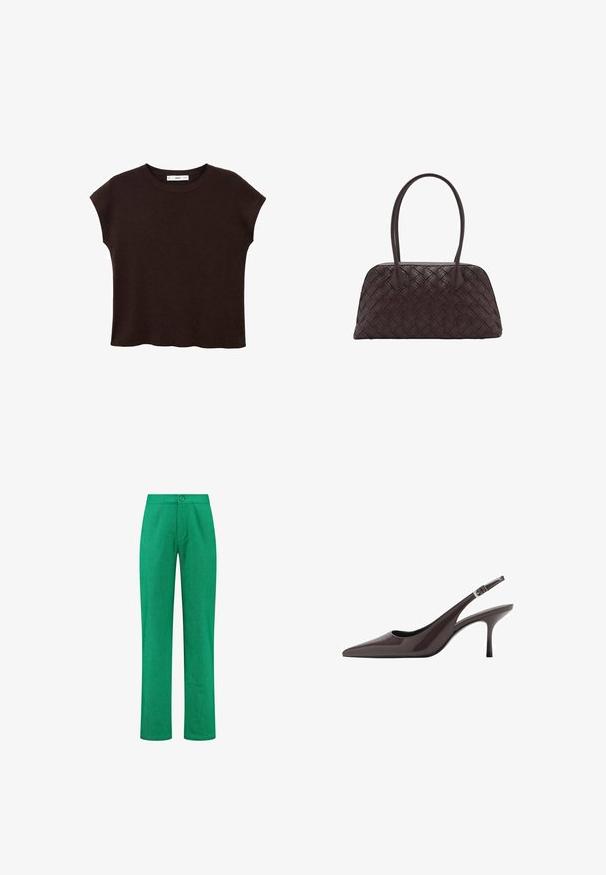 Bruine korte mouwen top met een ronde hals, gemaakt van textuurstof. Kenmerkt zich door een relaxed fit en een licht golvende zoom. Schoon, minimalistisch design.; Groene broek in een recht model, met een enkele knoopsluiting bij de taille en een gestructureerde stof.; Puntige slingback hakken in donkerbruin lakleer, met een slanke hoge hak en een verstelbare enkelband met een gesp.; Gevlochten bruine leren handtas met ronde vorm, dubbele bovenhandvaten en een gladde textuur; kenmerken subtiele stitching voor ontwerpdetaillering.