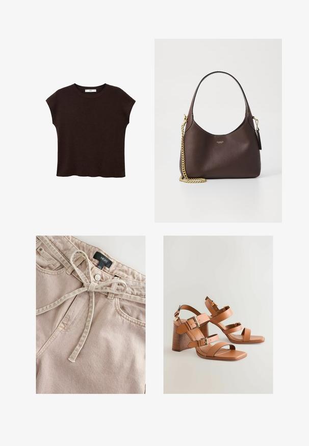 Brauni kratki rukavići s okruglim izrezom, izrađeni od teksturiranog materijala. Ima opušteni kroj i blago valoviti donji rub. Čist, minimalistički dizajn.; Svijetloružičaste pamučne hlače s ravnim prednjim dijelom, remenom s mašnom i suptilnom teksturom. Imaju zatvaranje na dugme i prednje džepove. Etiketa: NEXT.; Smeđe kožne sandale na visoku petu s više remena, zlatnim akcentima i kutnim blok-petama. Glatka tekstura, dizajn s otvorenim prstima.; COACH BROOKLYN SHOULDER BAG 23 - Ručna torba - maple