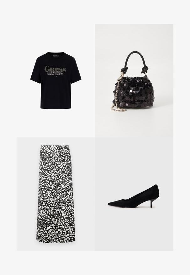 Zwarte katoenen t-shirt met een ronde halslijn en korte mouwen. Beschikt over een glinsterend "Guess" logo en de tekst "Opgericht negentien eenentachtig".; Zwart-witte midi-rok met een abstract sterrenpatroon, met een gladde textuur en een elastische tailleband voor een comfortabele pasvorm.; Zwarte suède hoge hak met een spitse neus en een slanke, lage hak. Gladde textuur met een strakke vormgeving, zonder zichtbare hardware.; Zwarte pailletten mini handtas met een geknoopte textuurriem en zilveren ketting. Rondvormig met een geplooide bovenkant en reflecterende details.