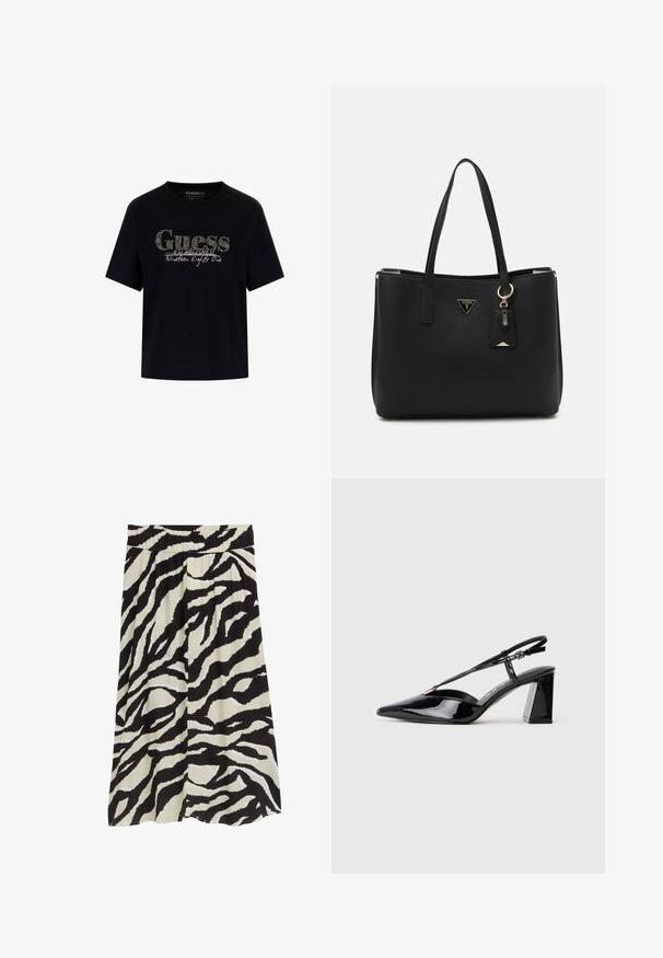 Crna pamučna majica s okruglim izrezom i kratkim rukavima. Sadrži sjajni "Guess" logo i tekst "Osnovano devetnaest osamdeset i jedna".; Suknja u crnoj i krem boji s uzorkom na zebru, naboranim dizajnom, elastičnim pojasom i lepršavim siluetom.; Crne lakirane kožne cipele s otvorenom petom, visoke potpetice, šiljastog prsta, podesivom trakom i debelim pravokutnim potplatom.; Crna torba od teksturiranog sintetičkog materijala, s dva ručka, zlatnom oznakom i malom oznakom s detaljima u boji.