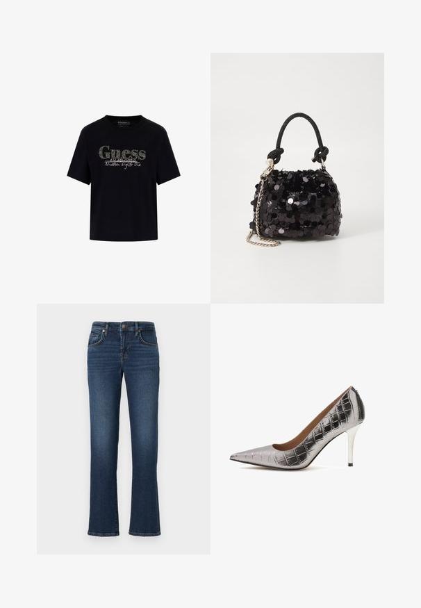 Černé bavlněné tričko s kulatým výstřihem a krátkým rukávem. Obsahuje třpytivý logo "Guess" a text "Established Nineteen Eighty One".; Tmavě modré džínové kalhoty se středním střihem, s předními kapsami, zipem a jemným vyblednutím podél stehen.; Stříbrný vysoký podpatek s špičatou špičkou vyrobený z umělého materiálu s návrhem krokodýlích šupin, s elegantním stiletto podpatkem s černým akcentem.; Černá mini kabelka s flitry, s uzlovým texturovaným popruhem a stříbrným řetízkem. Zaoblený tvar s nařaseným vrchem a reflexními detaily.