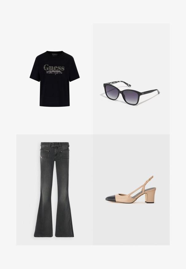 Camiseta de algodón negra con cuello redondo y mangas cortas. Presenta un logo brillante de "Guess" y el texto "Establecido mil novecientos ochenta y uno".; Vaqueros negros de pierna acampanada con dos bolsillos frontales con cremallera, una cinturilla de doble botón y un acabado desgastado. La tela tiene una textura suave.; Zapato slingback beige con puntera negra, tacón cuadrado y una correa con hebilla dorada sobre un fondo blanco liso.; Gafas de sol negras con lentes degradados, forma cuadrada y una patilla con un patrón texturizado en blanco y negro. Presenta un acento de logo en plateado.