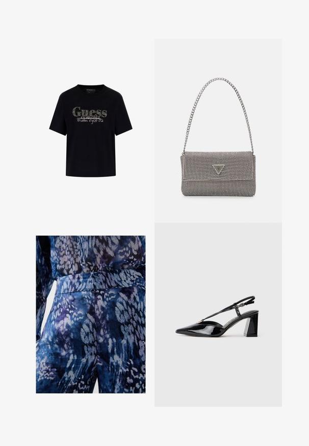 Sort bomulds T-shirt med rund halsudskæring og korte ærmer. Har et glitrende "Guess" logo og teksten "Established Nineteen Eighty One".; Blå og lilla mønstret stof med en glat tekstur, prydet med abstrakte former og en tætsiddende talje. Nærbillede af beklædningsdetaljer.; Sorte laklæder slingback højhælede sko med spids tå, justerbar rem og chunky rektangulær hæl.; Lys grå metallisk håndtaske med kædestrop, dekoreret med små runde metalliske studs og et trekantet brandlogo.