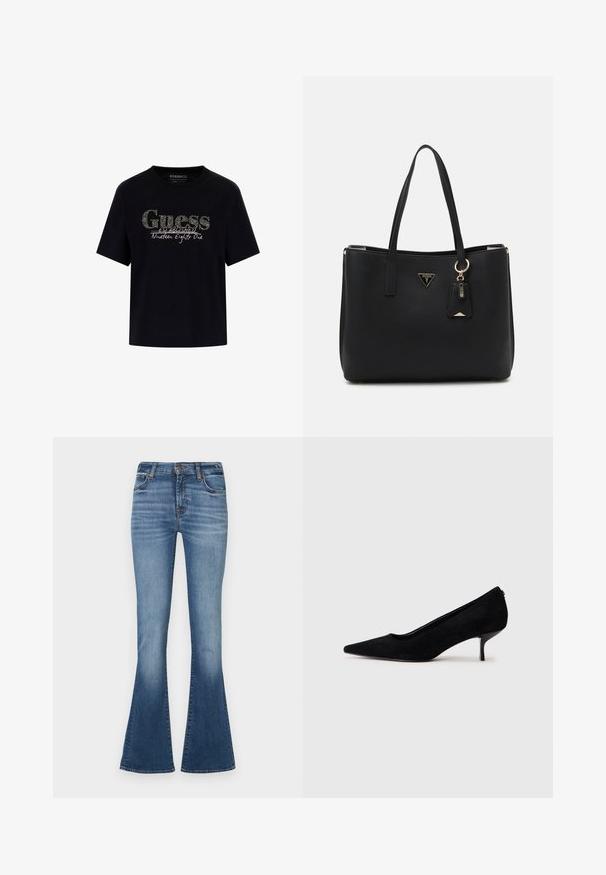 Melna kokvilnas T-kreklu ar apaļu kakla izgriezumu un īsām piedurknēm. Satur mirdzošu "Guess" logo un tekstu "Izveidots 1981. gadā".; Zilas džinsa auduma platas kājas bikses ar vidēju jostu, gaišāku izbalēšanu uz augšstilbiem un klasisku piecu kabatu dizainu.; Melnas zamšādas augstpapēžu kurpes ar vienu punktētu purngalu un šauru, zemu papēdi. Gluda tekstūra ar elegantu dizainu, bez redzamiem aksesuāriem.; Melnā tote soma, kas izgatavota no teksturēta sintētiska materiāla, ar divām rokām, zelta logotipa plāksni un mazu piekariņu ar akcenta detaļu.