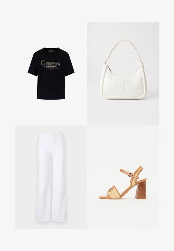 Black cotton t-shirt with a rounded neckline and short sleeves. Features a glittery "Guess" logo and "Established Nineteen Eighty One" text.; White flared jeans made from denim, featuring a high waist, front pockets, and a button closure. Smooth texture and clean lines.; Brown leather and woven straw heeled sandals, featuring an ankle strap, open toe, and a chunky wood-like heel with horizontal stripes.; White leather handbag with a curved shape, featuring an embossed "CK" logo on the front and a single shoulder strap. Zipper closure at top.